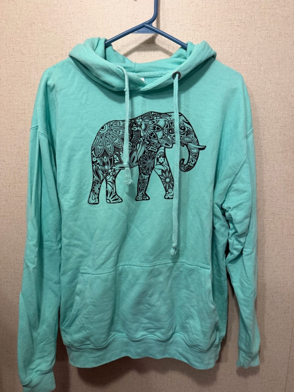 Mint Green Hoodie with Black Decorative Elephant